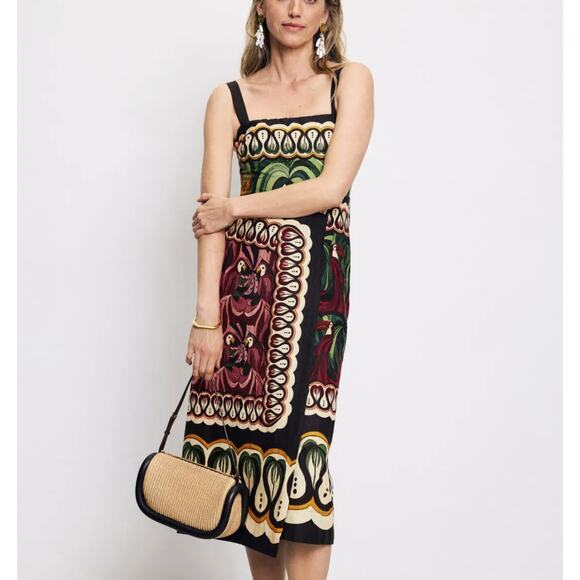 FARM Rio Dresses & Skirts - Farm Rio Black Tropical Midi Dress LARGE Faux Wrap Vacation Parrot Linen $280